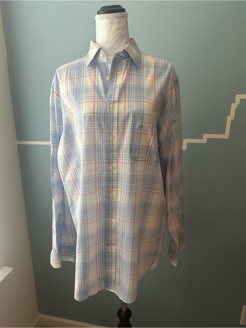 Stafford Blue and White Plaid Long-Sleeve Button-Down Shirt 16 34/35